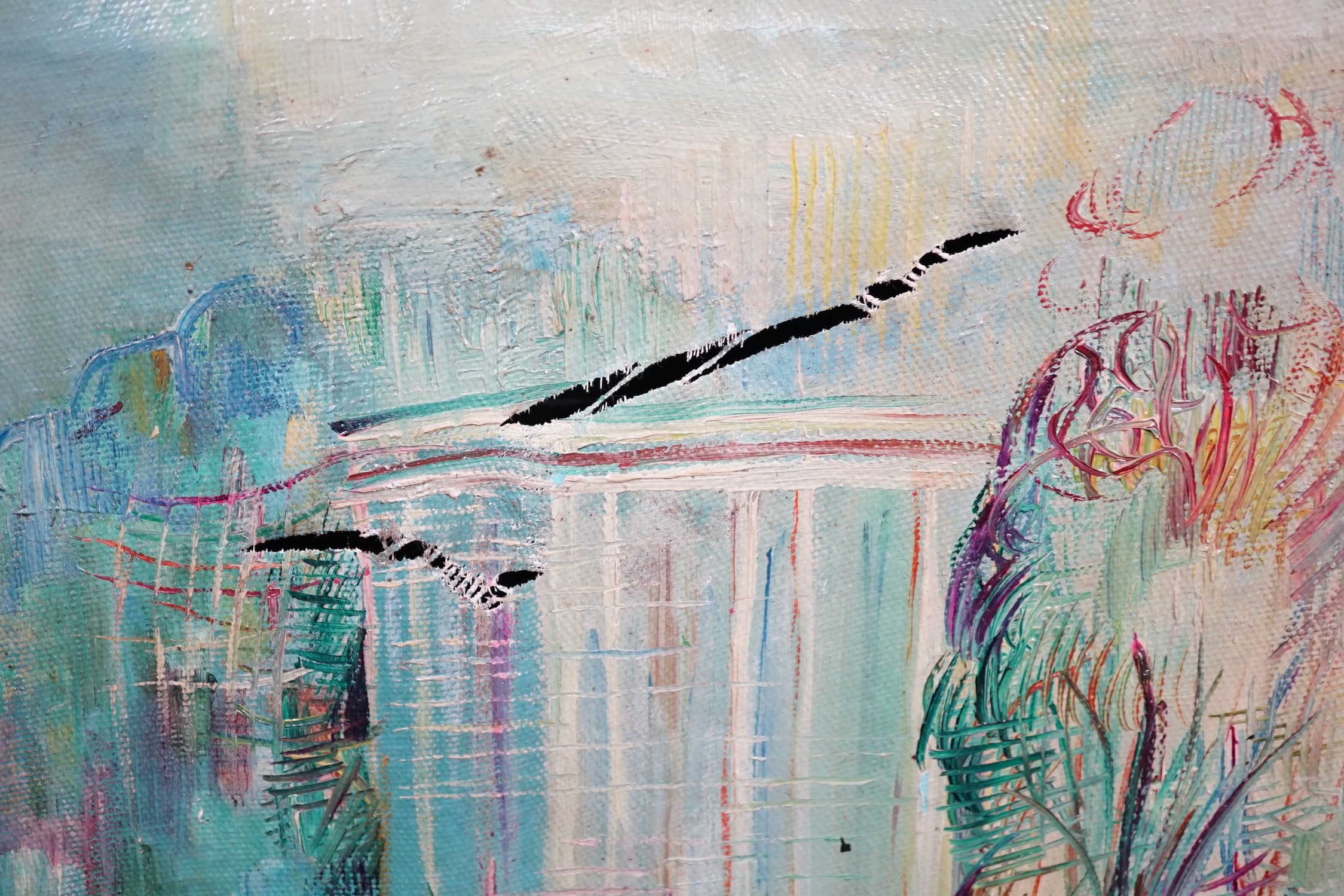 Pinder, three oils, 'Nudes bathing', 'Park scene' and 'Fireworks at night', signed, largest 60 x 91cm (a.f.)